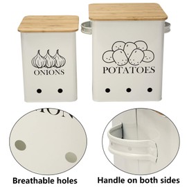 Xbopetda Potato Onion Storage Bin, Kitchen Storage Canister Set of 2, Kitchen Pantry Organizer Tin - Vegetable Fresh Keeper with Aerating Tin Storage Holes & Wooden Lid (White)