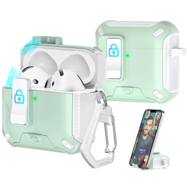 R-fun Compatible with AirPods 4th Generation 2024 Headphone Cases, Fully Drop Proof Auto Eject Protective Cover Design, New Charging Port Dust and Stand Design?White+Mint Green