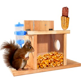 ChezMax Squirrel Feeder with Auto Water Bottle for Outside Winter, Wooden Sturdy Squirrel House with Corn Cob Holder, Hanging Chipmunk Feeding Box Stations, Easy to Fill with Removable Front Panel