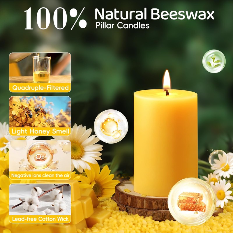 6 Pack Natural Beeswax Pillar Candles,100% Pure Beeswax Candles-192 Hours