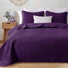 Exclusivo Mezcla Full Queen Size Quilt Bedspreads with Basket Weave Pattern, Soft Lightweight Summer Quilts Bedding Set Coverlets Bed Cover for All Seasons, Purple