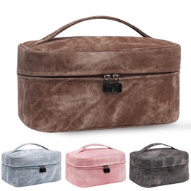 Fammio Cowboy Texture Makeup Bag for Women, Large Capacity Cosmetic Bags Toiletry Bag Travel Organizer, Stylish Brown Portable Pouch with Handle, Great Gifts for Women