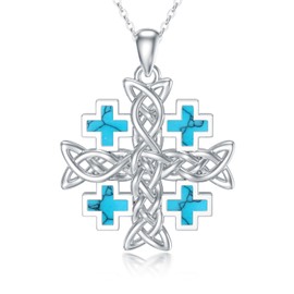 PROESS Crusaders Jerusalem Cross Necklace for Women Men 925 Sterling Silver Turquoise Celtic Knot Jerusalem Cross Pendant Necklace Jewelry Gifts