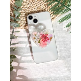 Pressed Pink Flowers Phone Grip Holder,Handmade Expandible Collapsible Transparent Cell Phone Accessory, Dried Natural Flowers Phone Stand, Phone Charms Tablet Support