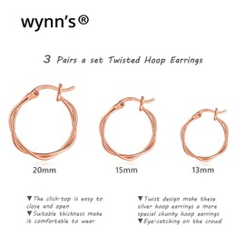wynn's Silver Hoop Earrings for Women, 3 Pairs Small Sleeper Silver Hoops Earrings Set, Hypoallergenic 925 Sterling Silver Twist Hoop Earrings Set for Women Girls, 13,15,20mm rose gold hoops