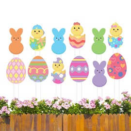 Iceyyyy 12 Pcs Easter Egg Planter Stakes-11 Inch Bunny Egg Chick Planter Stakes-Easter Yard Stakes Garden Signs for Home Plant Pot Party Supplies Outdoor Lawn Decor