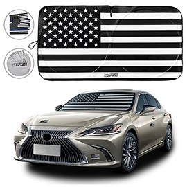Car Front Windshield Sun Shade, American Flag Steering Wheel Sun Visor for Car, UV Rays and Privacy Protection, Foldable, Keep Car Cool, Fit for Most Vehicles (Black, 59"x27")