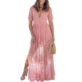 LRISES Womens V Neck Floral Embroidered Lace Wedding Maxi Dress Boho Bridesmaid Evening Party Bridal Shower Dresses Pink