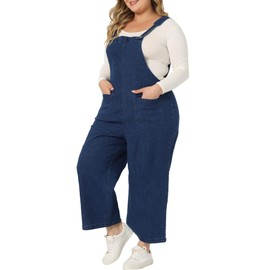 Agnes Orinda Plus Size Denim Bib Overalls for Women Classic Adjustable Straps Pockets Jumpsuit Jeans Pants 4X Dark Blue