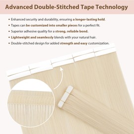 TESS Tape-In Extensions, Real Hair, 10 Pieces, 20 g, Double Stitched Tape-In Extensions, Remy Real Hair Extensions, Tape-In Hair Extensions, #60 White Blonde, 35 cm