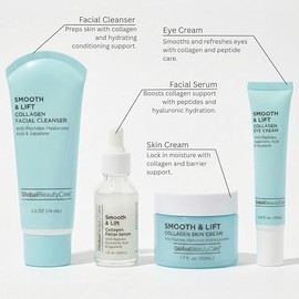 Global Beauty Care Smooth & Lift - Set de cuidado de la piel con colágeno, limpiador facial hidratante y reafirmante, suero, crema para ojos y crema f