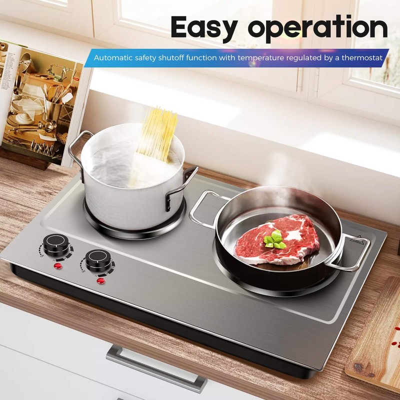 CUSIMAX 1800W Double Hot Plate, Stainless Steel Silver Countertop Burner