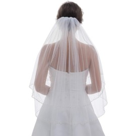 SAMKY 2T 2 Tier Pearl Bugle Beaded Wedding Veil - Light Ivory Elbow Length 30"