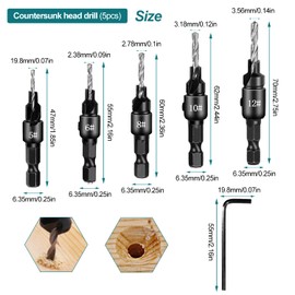 13 Pieces Drill Countersink Wood Set, 5 Wood Drill Bit Set, 8 Countersink Drill Countersink Wood, Wood Twist Drill Bit with an L Key for Wood, DIY Woodworking
