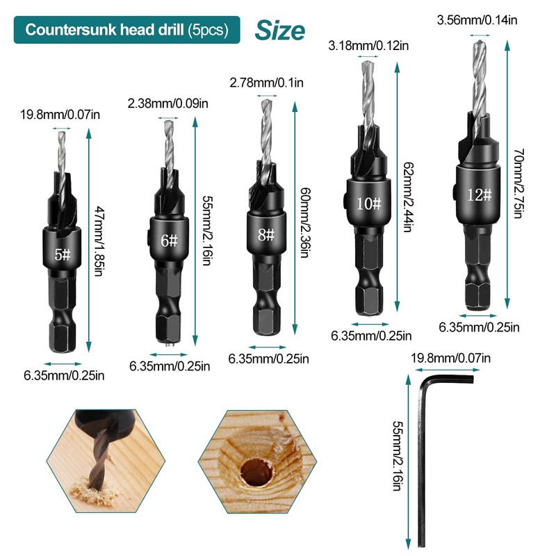 13 Pieces Drill Countersink Wood Set, 5 Wood Drill Bit