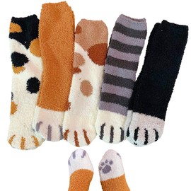 moin moin 2009scs0 Women's Socks, Wallet, Cat, Cat Foot, Paw 5 Pairs Set, Fluffy, Cold Protection, Warm 8.7 - 9.8 inches (22 - 25 cm) (Brown x White | Tortoise Cat | Brown x White Socks, Black x Gray Shimajima)