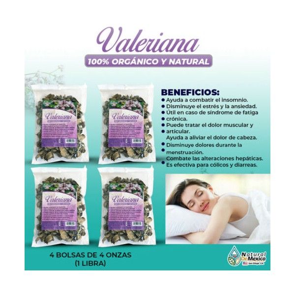 Natural de Mexico USA Valeriana Valerian Root Relaxation and Sleep super efectiva 1 Lb(4 de 4oz)-453g.
