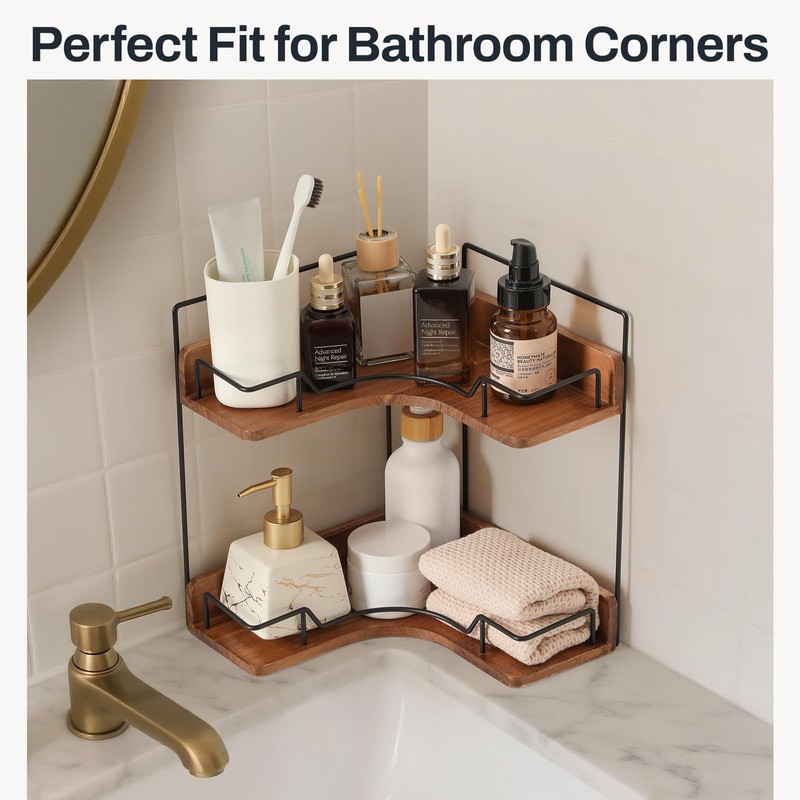 Snuvid 2-Tier Bathroom Counter Organizer, Wooden Corner Shelf for Vanity