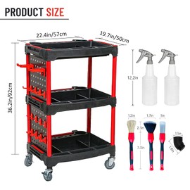 Car Wash Detail Trolley,3 Rolling Tier Car Beauty Auto Repair Tool Cart with 2 Pcs Side Hanging Plate,Hooks,Spray Bottles and Detailing Brushes,for Mechanics During Repairs Car Wash/Wax
