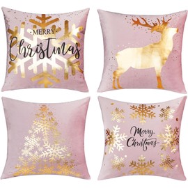 ONWAY Pink Gold Christmas Decorations Throw Pillow Covers 20x20 Set of 4 Snowflakes Reindeer Decorative Cushion Cases Xmas Golden Decor for Couch Sofa Bedroom