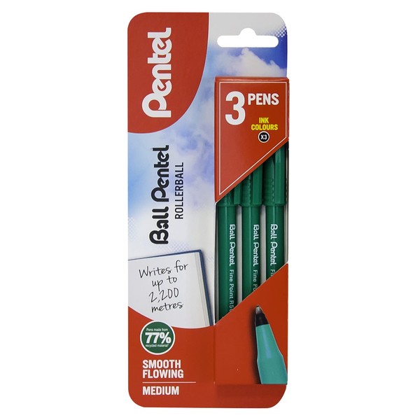 Pentel R50 Rollerball Pen, Green Barrel - Black Ink - 1 Blister Card of 3 Rollerballs, XR50/3-A