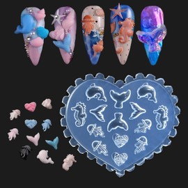 Sea Nail Mold Mini Size Silicone Mold Ocean Themed Jellyfish Whale Mermaid Seahorse Carving Template Resin Mould for Jewelry Making Embossed Stencils
