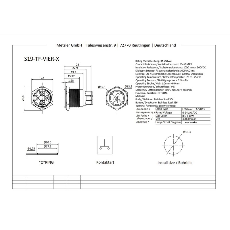 Metzler - Push Button 19mm - LED Symbol Number 4