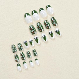 Christmas Press on Nails Green Medium Almond Fake Nails with Snowflake Designs Glue on Nails Xmas Tree Stick on Nails Reusable Glossy Winter False Nails for Women Girls Manicure 24pcs