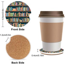 Ceramic Cup Holders Car Coasters for Women/Men,Fashion Absorbent Drink Cup Car Holder Coasters with A Finger Notch 2.56" Pack of 2,Book Library