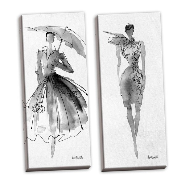 Trendy Runway Fashion Model Sketch Panel Sets by Anne Tavoletti; Two 8x20in Stretched Canvases