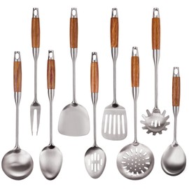 9 PCS 304 Stainless Steel Kitchen Cooking Utensils set with Wooden Handle, Metal Kitchen Utensils Set, Heat Resistant Wooden Handle Kitchen Tools, Stainless Steel Wok Spatula