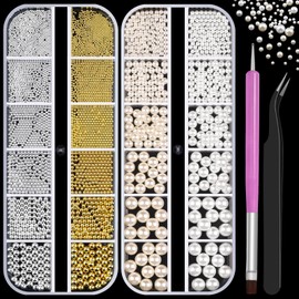 2 Boxes Metal Nail Beads and Resin Round Pearls with Tweezers and Brush Kit, Y2K 2-6mm 3D Round Pearls Balls, 0.8-3mm Gold Silver Small Caviar Beads Balls for Face Makeup Manicure Crafts(5-K2)