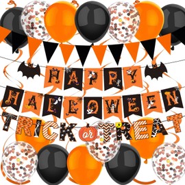 24pcs Halloween Latex Balloons with Halloween Banners, Orange and Black Balloons, Swirl Streamers for Halloween Decorations Outdoor Indoor, Home Parties, School Functions