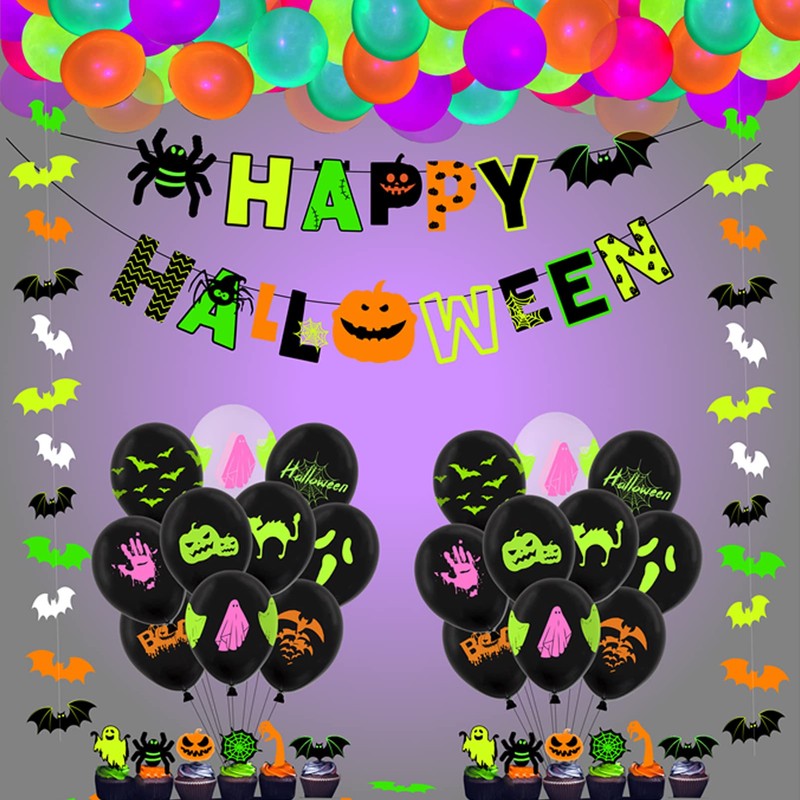 Neon Glow Happy Halloween Banner - Halloween Party Decorations, Neon