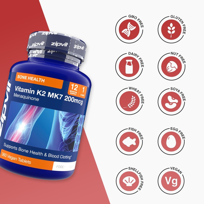 Zipvit Vitamin K2 MK7 200mcg, High Strength K2 Vitamin Supplement,
