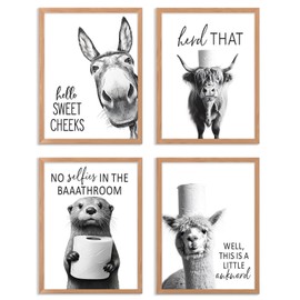 Funny Bathroom Wall Art Black and White Bathroom Signs Decor Rustic Donkey Cow Pictures Wall Decor Funny Animals Head on Tissue Paper Canvas Art Prints for Toliet Bedroom,Unframed,8x10inchx4pcs