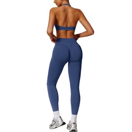 ABOCIW Workout Sets for Women Seamless High Waist Scrunch Butt Lifting Gym Leggings Yoga Pants Halter Sports Bra Yoga Exercise 2 Piece Outfits Dark Sapphire Blue X-Small