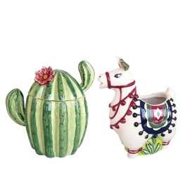 Blue Sky Clayworks Cactus Ceramic Sugar Bowl with Lid, 5" x 4" x 5", A Tiny Desert Bloom for Coffee Carts