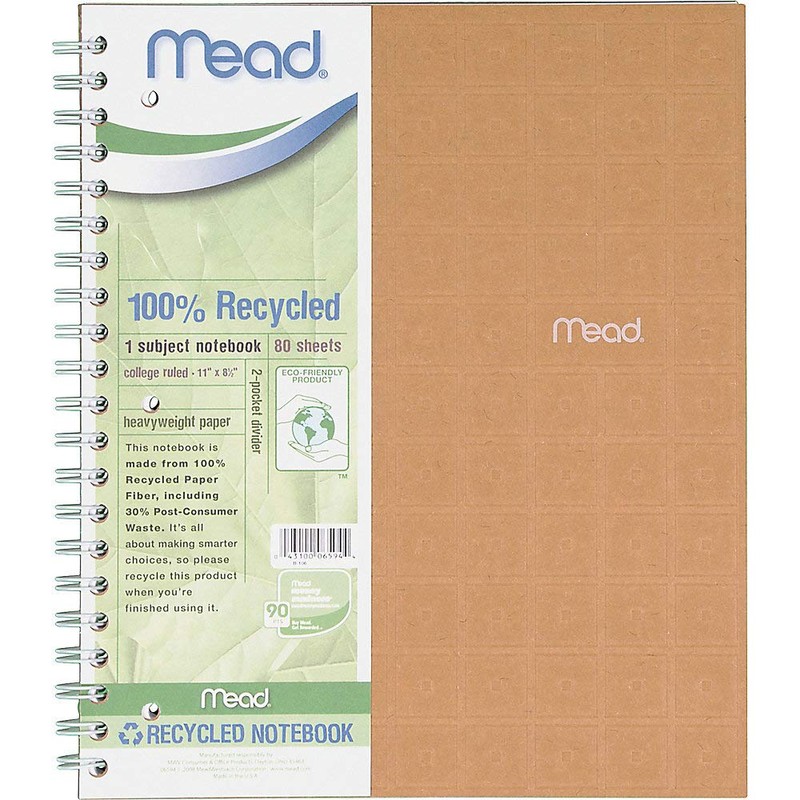 Mead Recycled 1-Subject Notebook, College Ruled, 11 x 8.5 Inches,