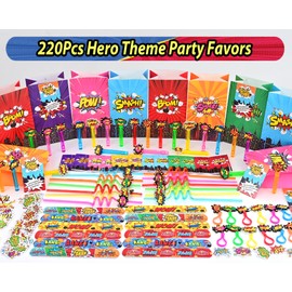 220PCS Hero Party Favors Kit – Birthday Supplies Includes Goodies Bags, Straws, Bubble Wands, Notebook & More – Perfect for Party Decorations & Pinata Fillers