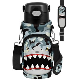 Miss Adola Water Bottle Carrier with Strap - Cute Cartoon Insulated Water Bottle Carrier Bag with Pocket Neoprene Bottle Holder Bag for 14/16/18/20 oz Stainless Glass Bottles Sleeve, Camo Shark