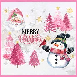 Mfault Merry Christmas Snowman Pink Window Clings 4 Sheets, Xmas Tree Santa Claus Stickers Decals Decorations, Winter Holiday Snowflake Cardinal Home Kitchen Decor
