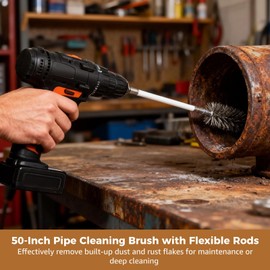50-Inch Pipe Cleaning Brush Set with 4 Flexible Rods, M8 Threaded Chimney Brush with Stainless Steel Bristles, Strong Cleaning for Auto Parts, Bottles, Tubes
