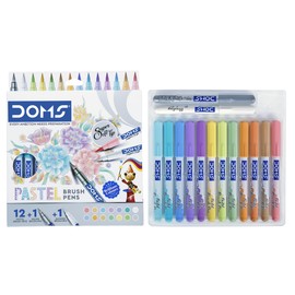 Doms Super Soft Tip Pastel Shades Brush Pen Set | 12 Pastel + 1 Silver + 1 Blender | Ideal for Doodling, Illustrations, Calligraphy, Artists & Professionals | Pack of 1
