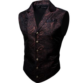 Barry.Wang Mens Victorian Vest Tailored Collar Red Black Paisley Steampunk Gothic Waistcoat