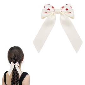 Double Layered Bow Ribbon Hair Clip for Women Girls White Bowknot Hair Clips with Tassel Ribbon Hair Bows for Women Girls French Hair Bow Clip with Heart Print Hair Accessories for Party