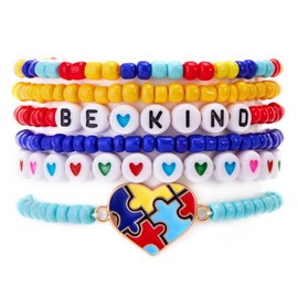Autism Awareness Bracelets Set Puzzle Piece Charm Proud Love Heart Ribbon Colorful Beaded Stackable Bracelet Yoga Meditation Jewelry Gift-B