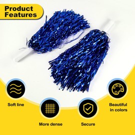 omolly 24Pcs Blue Cheerleading Pom Poms, Metallic Foil Cheerleading Pom Poms with Plastic Handle, Blue Cheerleading Dancing Pompoms for Sports Matches, Stage Performance, Holiday Celebrate
