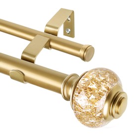 1 Inch Gold Double Curtain Rods for Windows 120 to 180 Inches, USFOOK Adjustable Heavy Duty Drapery Rods 140 to 195 Inches, Telescoping Dual Curtain Rod with Translucent Finials, Wall Mounted