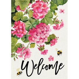 Covido Welcome Spring Summer Geranium Decorative Garden Flag, Pink Floral Flowers Bees Yard Outside Decorations, Seasonal Burlap Outdoor Small Home Decor Double Sided 12 x 18